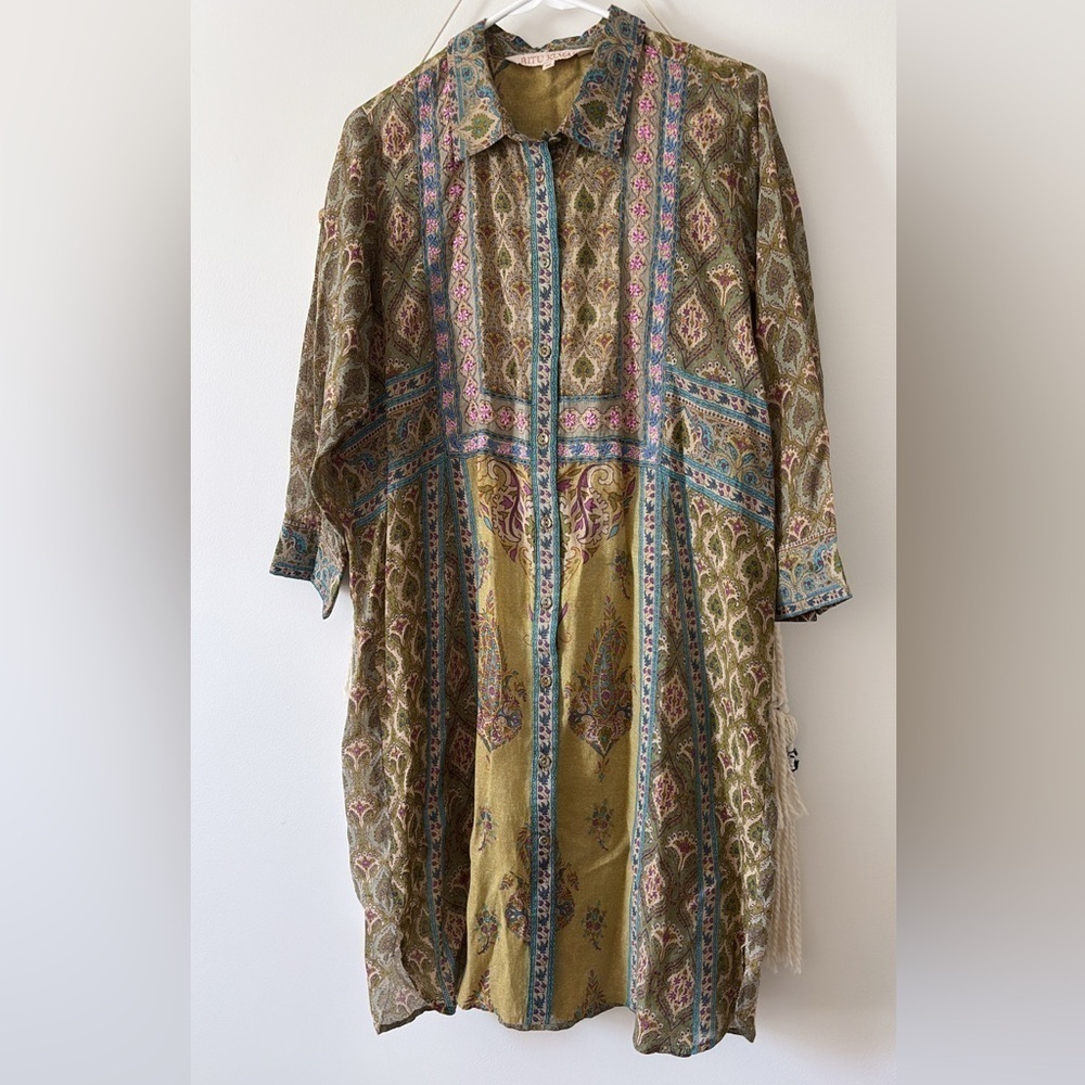 Ritu Kumar Embroidered Green Shirt Dress Button Front Kurta Cotton Size 38